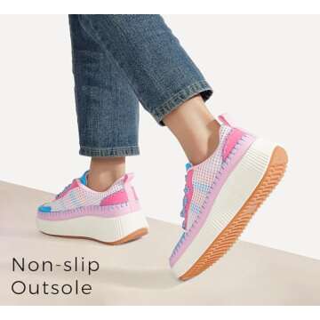 LUCKY STEP Women's Platform Sneakers Rhinestone Fashion Chunky Casual Sparkly Retro Braided Walking Shoes (Pink/Blue Knit,7 B(M) US)