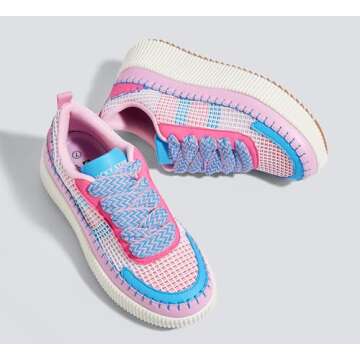 LUCKY STEP Women's Platform Sneakers Rhinestone Fashion Chunky Casual Sparkly Retro Braided Walking Shoes (Pink/Blue Knit,7 B(M) US)