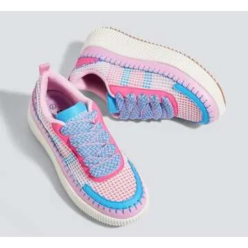 LUCKY STEP Women's Platform Sneakers Rhinestone Fashion Chunky Casual Sparkly Retro Braided Walking Shoes (Pink/Blue Knit,7 B(M) US)