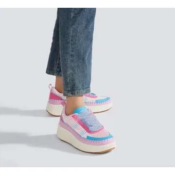 LUCKY STEP Women's Platform Sneakers Rhinestone Fashion Chunky Casual Sparkly Retro Braided Walking Shoes (Pink/Blue Knit,7 B(M) US)