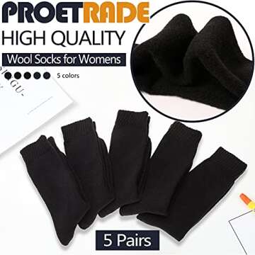Merino Wool Socks Thermal Warm Winter Thick Hiking Boot Cabin Crew Cozy for Women Ladies Gift Stocking Stuffer Work Comfy Socks 5 Pack (Black Color) One Size