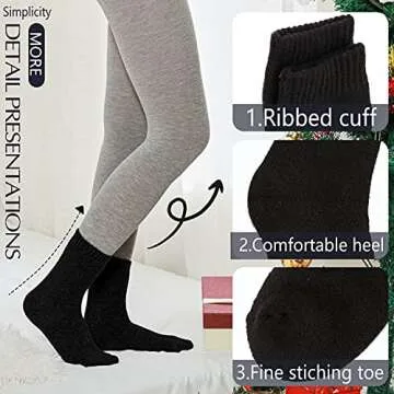 Merino Wool Socks Thermal Warm Winter Thick Hiking Boot Cabin Crew Cozy for Women Ladies Gift Stocking Stuffer Work Comfy Socks 5 Pack (Black Color) One Size