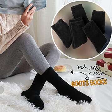 Merino Wool Socks Thermal Warm Winter Thick Hiking Boot Cabin Crew Cozy for Women Ladies Gift Stocking Stuffer Work Comfy Socks 5 Pack (Black Color) One Size