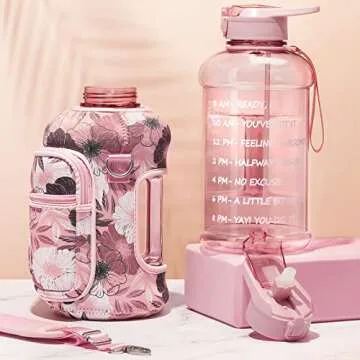 Fimibuke Half Gallon Water Bottle with Sleeve 64 OZ Water Bottle with Handle & Straw Leakproof Motivational Sports Gym Water Bottle with Time Marker Water Jug with Neoprene Holder - Floral Pink