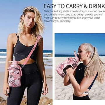 Fimibuke Half Gallon Water Bottle with Sleeve 64 OZ Water Bottle with Handle & Straw Leakproof Motivational Sports Gym Water Bottle with Time Marker Water Jug with Neoprene Holder - Floral Pink