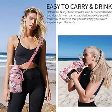 Fimibuke Half Gallon Water Bottle with Sleeve 64 OZ Water Bottle with Handle & Straw Leakproof Motivational Sports Gym Water Bottle with Time Marker Water Jug with Neoprene Holder - Floral Pink