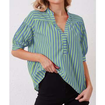 Eutten Womens Puff Short Sleeve Striped Blouses Summer Work Striped Shirts Top Loose Fit V Neck Casu...