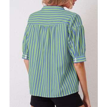 Eutten Womens Puff Short Sleeve Striped Blouses Summer Work Striped Shirts Top Loose Fit V Neck Casual Stripe Shirt Green Blue