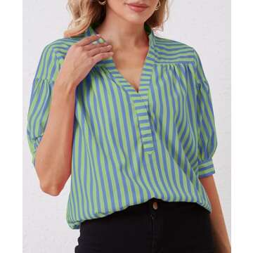 Eutten Womens Puff Short Sleeve Striped Blouses Summer Work Striped Shirts Top Loose Fit V Neck Casual Stripe Shirt Green Blue