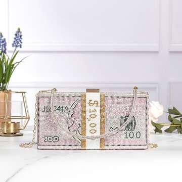 Covelin Dollar Clutch Purse for Women from, Rhinestone Evening Handbag Money Bag Pink