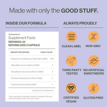 Hilma Natural Tension Headache Relief, Supplements with Magnesium, Boswellia and Feverfew, 50 Vegan Capsules