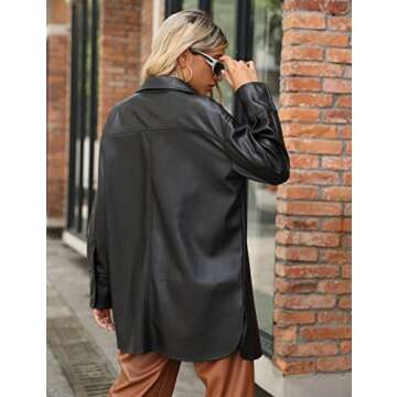 Bellivera Woman's Faux Leather PU Blazer Open Front Business Casual Jacket Mid-Length Spring Fashion Coat with Pockets 21001 Black L