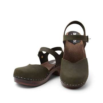 Sandgrens Handmade Swedish Wood Clogs for Women, Low Heel Sandal US 8-8.5 | Saragasso Olive Nubuck D...