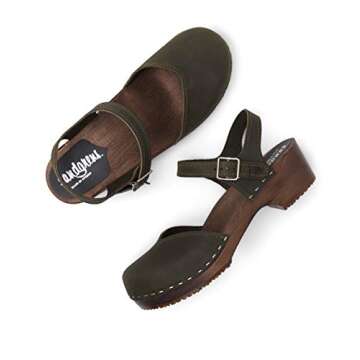 Sandgrens Handmade Swedish Wood Clogs for Women, Low Heel Sandal US 8-8.5 | Saragasso Olive Nubuck DK, EU 39
