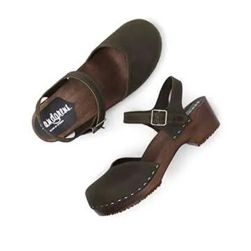 Sandgrens Handmade Swedish Wood Clogs for Women, Low Heel Sandal US 8-8.5 | Saragasso Olive Nubuck DK, EU 39