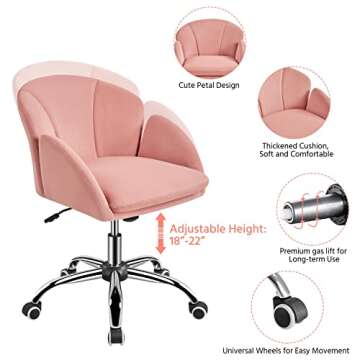 Yaheetech Pink Desk Chair Vanity Chair with Wheels Comfy Velvet Cute Desk Chair for Home Office Modern Swivel Rolling Chair for Bedroom, Living Room, Makeup Room