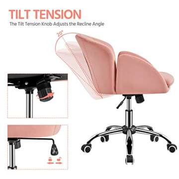 Yaheetech Pink Desk Chair Vanity Chair with Wheels Comfy Velvet Cute Desk Chair for Home Office Modern Swivel Rolling Chair for Bedroom, Living Room, Makeup Room