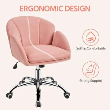 Yaheetech Pink Desk Chair Vanity Chair with Wheels Comfy Velvet Cute Desk Chair for Home Office Modern Swivel Rolling Chair for Bedroom, Living Room, Makeup Room
