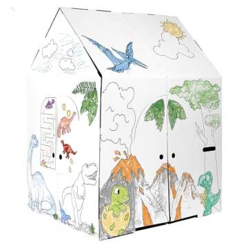 Easy Playhouse Cardboard Dinosaur House - Kids Art & Craft for Indoor & Outdoor Fun, Color Dino Species, 32inchesX26.5inchesX40.5inches