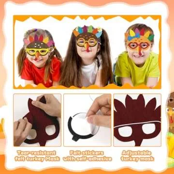 Qyeahkj 126pcs Thanksgiving Turkey Mask Craft for Kids, Fall Felt Foam Craft Bulk Thanksgiving DIY Crafts for Kids Ages 3-5, 4-8, 8-10, Arts Craft Kit for Home Party Activity (Makes 14)