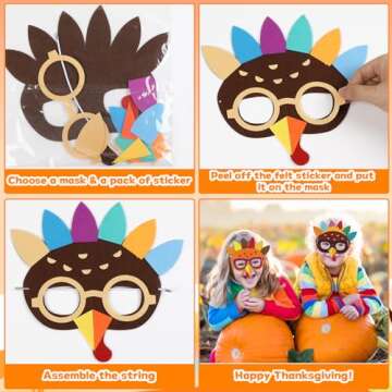 Qyeahkj 126pcs Thanksgiving Turkey Mask Craft for Kids, Fall Felt Foam Craft Bulk Thanksgiving DIY Crafts for Kids Ages 3-5, 4-8, 8-10, Arts Craft Kit for Home Party Activity (Makes 14)