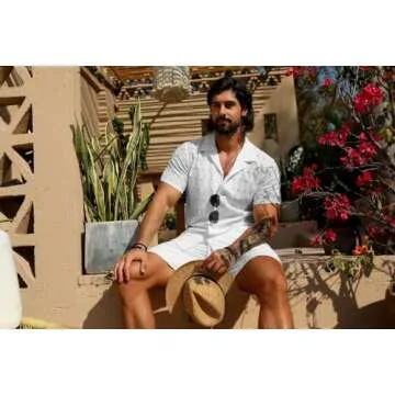 URRU Men's 2 Pieces Outfits Summer Beach Set See Through Sheer Short Sleeve Flower Lace Shirts and Shorts Sets White S