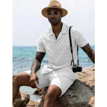 URRU Men's 2 Pieces Outfits Summer Beach Set See Through Sheer Short Sleeve Flower Lace Shirts and Shorts Sets White S