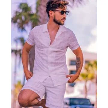 URRU Men's 2 Pieces Outfits Summer Beach Set See Through Sheer Short Sleeve Flower Lace Shirts and Shorts Sets White S