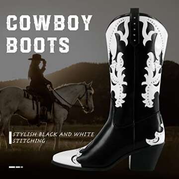 Shoe'N Tale Women's Embroidered Western Cowboy Boots Pointed Toe Knee High Mid Calf Chunky Block Hee...