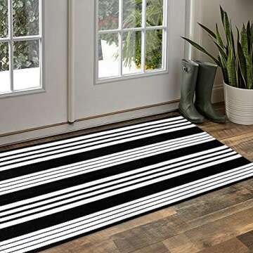 OJIA Cotton Black and White Striped Rug 2x4 Hand-Woven Indoor/Outdoor Area Rug Layered Door Mats for Front Porch/Entryway/Laundry Room/Bedroom/Outdoor