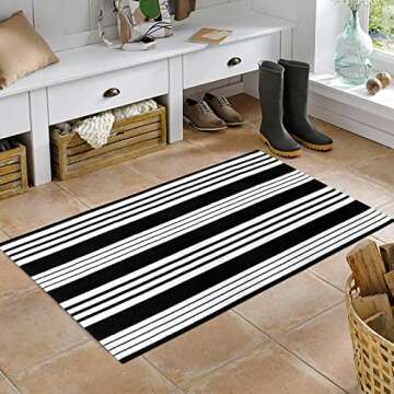OJIA Cotton Black and White Striped Rug 2x4 Hand-Woven Indoor/Outdoor Area Rug Layered Door Mats for Front Porch/Entryway/Laundry Room/Bedroom/Outdoor