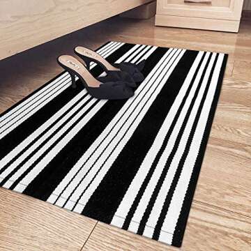 OJIA Cotton Black and White Striped Rug 2x4 Hand-Woven Indoor/Outdoor Area Rug Layered Door Mats for Front Porch/Entryway/Laundry Room/Bedroom/Outdoor