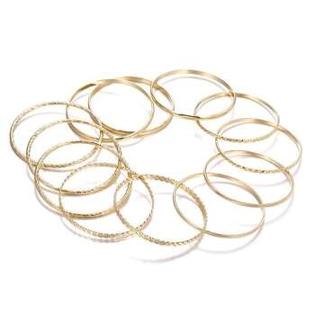 12Pcs Bohemian Indian Chunky Stackable Textured Bangle Bracelet Set Multilayer Boho Cable Rhinestone Bead Bracelet for Women Friend Vintage African Wedding Jewelry Birthday Gift-A gold-1