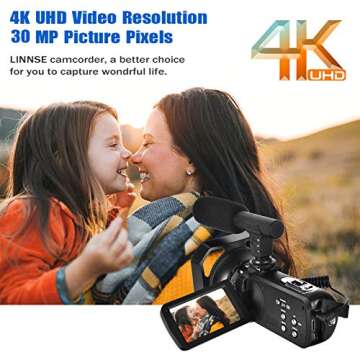 LINNSE Video Camera 4K Camcorder Vlogging Camera with Microphone YouTube Camera Recorder Ultra HD 30MP 3.0 inches IPS Touch Screen with Lens Hood & 2 Batteries, LCAM-67