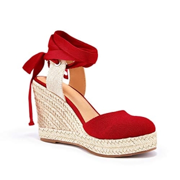 Ermonn Womens Espadrilles Wedge Sandals Platform Closed Toe Ankle Strap Lace Up Summer Shoes