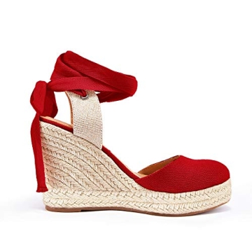 Ermonn Womens Espadrilles Wedge Sandals Platform Closed Toe Ankle Strap Lace Up Summer Shoes