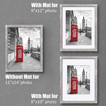 Tiblue 11x14 Solid Wood Picture Frame, Distressed Driftwood White - Rustic Farmhouse Design, 2 Mats for 9x12 or 8x10 Photos, Tabletop or Wall Mount