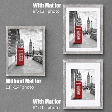 Tiblue 11x14 Solid Wood Picture Frame, Distressed Driftwood White - Rustic Farmhouse Design, 2 Mats for 9x12 or 8x10 Photos, Tabletop or Wall Mount