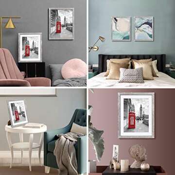 Tiblue 11x14 Solid Wood Picture Frame, Distressed Driftwood White - Rustic Farmhouse Design, 2 Mats for 9x12 or 8x10 Photos, Tabletop or Wall Mount