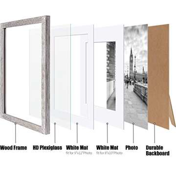 Tiblue 11x14 Solid Wood Picture Frame, Distressed Driftwood White - Rustic Farmhouse Design, 2 Mats for 9x12 or 8x10 Photos, Tabletop or Wall Mount