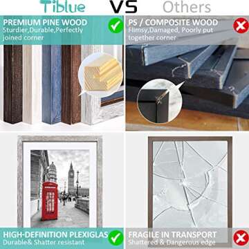 Tiblue 11x14 Solid Wood Picture Frame, Distressed Driftwood White - Rustic Farmhouse Design, 2 Mats for 9x12 or 8x10 Photos, Tabletop or Wall Mount