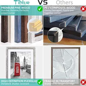 Tiblue 11x14 Solid Wood Picture Frame, Distressed Driftwood White - Rustic Farmhouse Design, 2 Mats for 9x12 or 8x10 Photos, Tabletop or Wall Mount