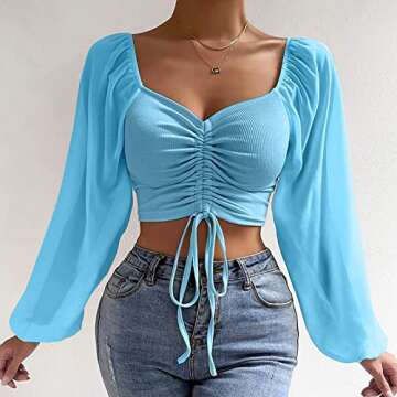 Women's Long Sleeve Crop Tee Tops Sexy V Neck Ruched Drawstring Tie Front Y2K T Shirts Fashion Stree...