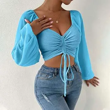 Women's Long Sleeve Crop Tee Tops Sexy V Neck Ruched Drawstring Tie Front Y2K T Shirts Fashion Streetwear Clubwear Light Blue