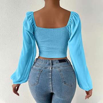 Women's Long Sleeve Crop Tee Tops Sexy V Neck Ruched Drawstring Tie Front Y2K T Shirts Fashion Streetwear Clubwear Light Blue