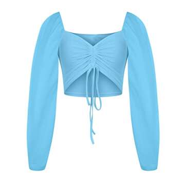 Women's Long Sleeve Crop Tee Tops Sexy V Neck Ruched Drawstring Tie Front Y2K T Shirts Fashion Streetwear Clubwear Light Blue