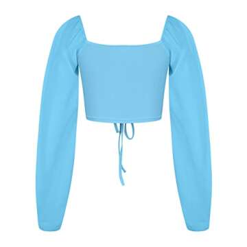 Women's Long Sleeve Crop Tee Tops Sexy V Neck Ruched Drawstring Tie Front Y2K T Shirts Fashion Streetwear Clubwear Light Blue