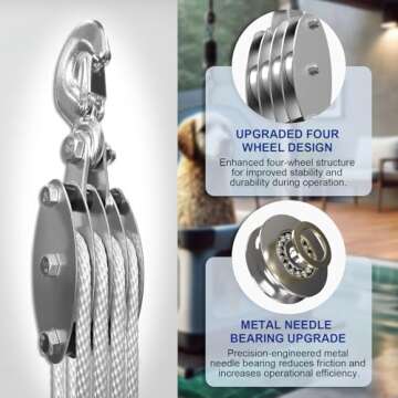 SALIFTFE Block and Tackle Pulley System, Upgraded 4-Wheel Rope Pulley Hoist, 8:1 Lifting Power, 2200LB Work Load with 65Ft of 1/4" Rope, Ultra-Compact Rope Hoist for Garage, Hunting, and Heavy Lifting