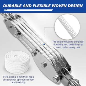 SALIFTFE Block and Tackle Pulley System, Upgraded 4-Wheel Rope Pulley Hoist, 8:1 Lifting Power, 2200LB Work Load with 65Ft of 1/4" Rope, Ultra-Compact Rope Hoist for Garage, Hunting, and Heavy Lifting