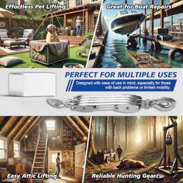 SALIFTFE Block and Tackle Pulley System, Upgraded 4-Wheel Rope Pulley Hoist, 8:1 Lifting Power, 2200LB Work Load with 65Ft of 1/4" Rope, Ultra-Compact Rope Hoist for Garage, Hunting, and Heavy Lifting